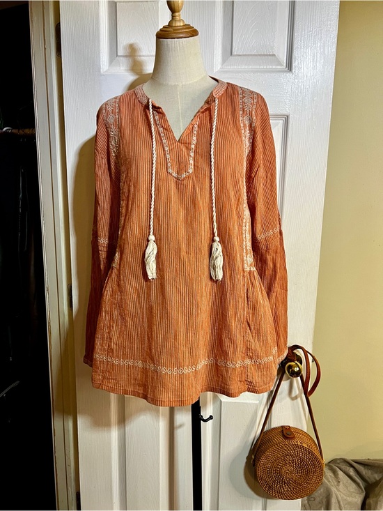 Garnet Hill Tops - Garnet Hill Cotton Rusty Coral Embroidery Pleated Striped Tassel Peasant Top 18